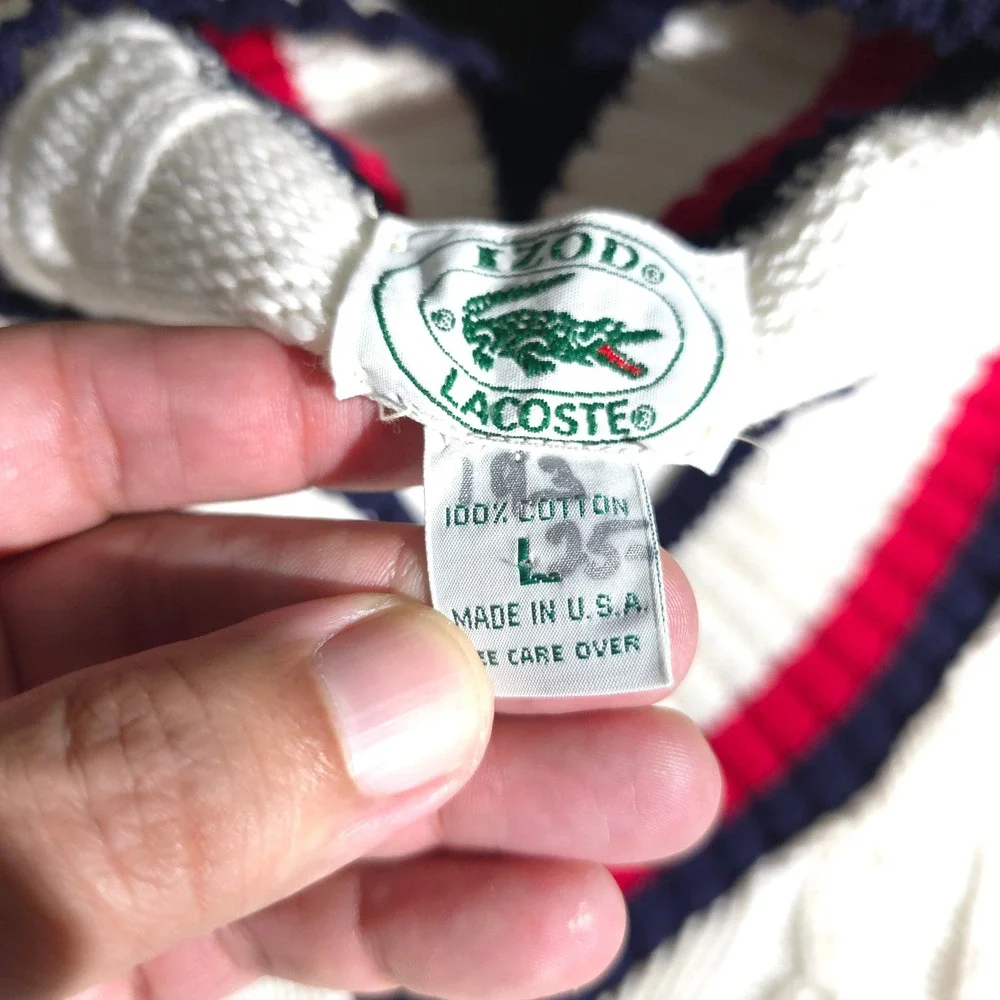 Izod Lacoste Sweater Vest Mens Large White Vintage Cable Knit Striped V-Neck USA